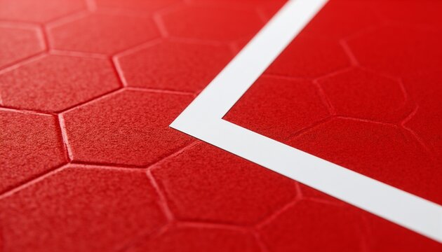 Showing white right-angle stripe cutting across red hex tile in macro close-up, with recessed seams