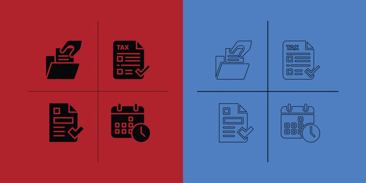Set of tax and document featuring folders, checklists, and calendars in solid and outline styles on split background
