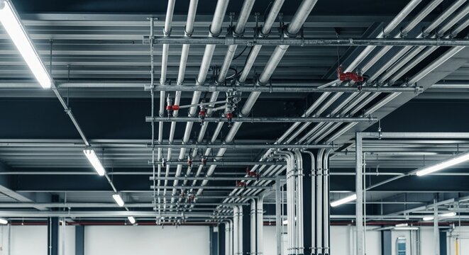Intricate industrial overhead pipe network systems installed within a modern building's ceiling infrastructure