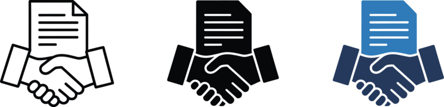 Business agreement icon featuring handshake and document symbol for contract signing, partnership, deal approval, and editable vector illustration.