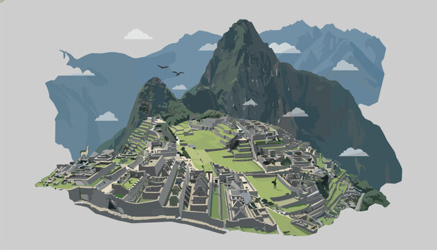 Scenic illustration of the ancient Incan citadel of Machu Picchu surrounded by majestic mountain peaks and cloudy sky.