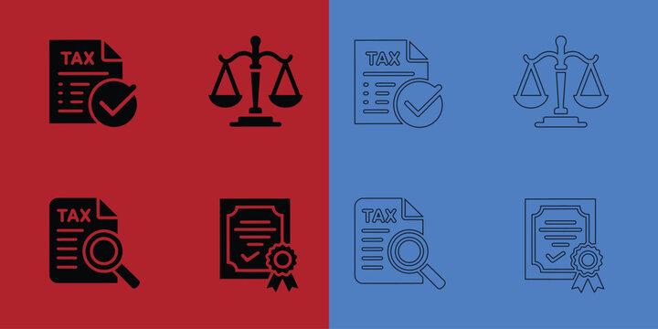 Set of tax document and legal scale in solid black and outline styles on red and blue split background