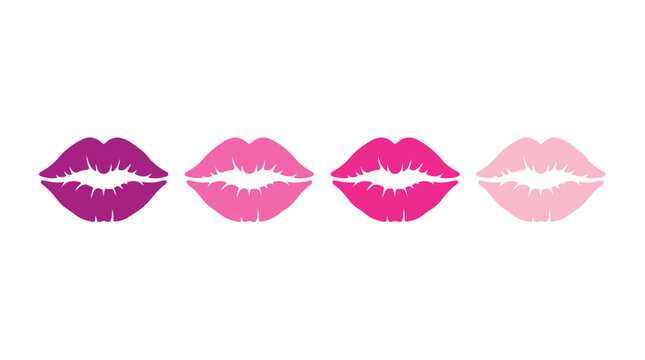 Pink and purple lipstick kiss marks set, four colorful female lip prints vector, romantic makeup and beauty icons for valentines day cards