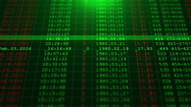Financial grid data screen visual glowing numeric columns, date marks, red values, green scanner highlight. Perfect for stock analysis, accounting videos, business dashboards, and 19 graphics.