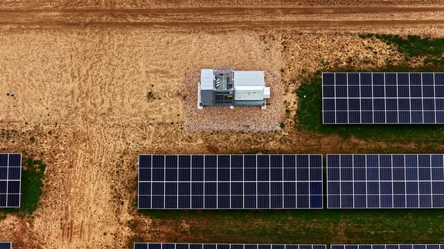 Aerial view of solar panels and an electrical transformer station in a rural field in Latvia.
