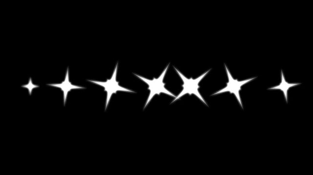 Sparkling star twinkle glitter white cartoon doodle animation, flat vector blinking shining light effect glowing overlay video isolated on chroma key black screen background. 4k motion