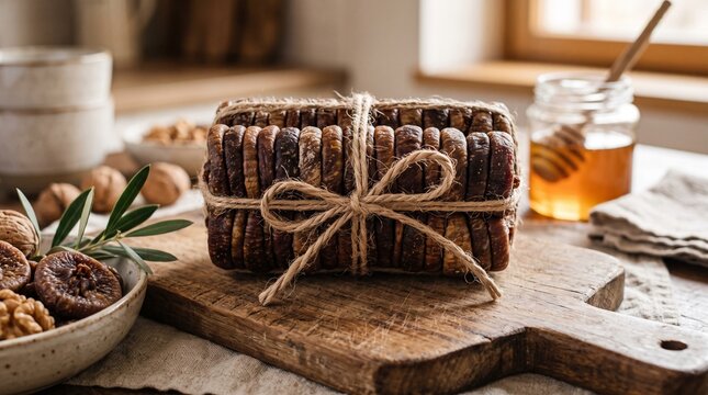 Packaged stack of dried organic figs tied with twine on a wooden board next to honey and walnuts