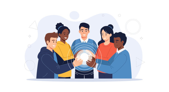 Diverse team holding glowing orb symbolizing global cooperation, innovation, and teamwork
