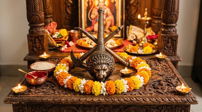 Balarama Jayanti Decorated Bronze Gada and Plough Altar with Flowers