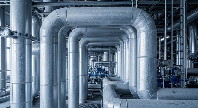 Vast Industrial Cryogenic Pipe Network in a Modern Manufacturing Facility