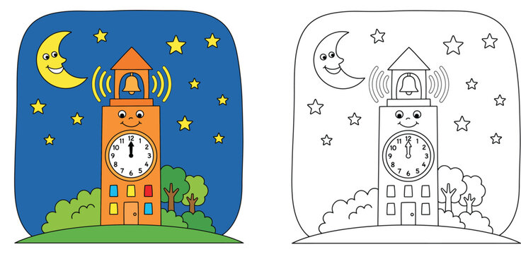 Cute clock tower vector illustration with moon and stars at night alongside black and white coloring page line art for children educational activity