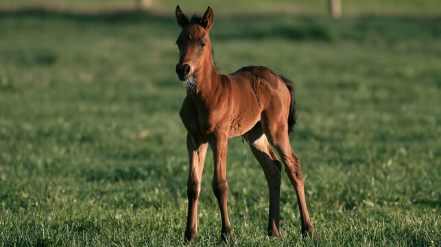 Newborn foal standing shakily on long legs with umbilical cord in grassy field.