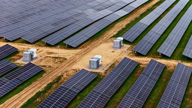Aerial view of solar farm with rows of photovoltaic panels and power distribution units in Latvia.
