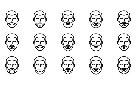 Set of male face icons featuring various beard styles and mustache designs in a clean minimalist line art vector illustration style