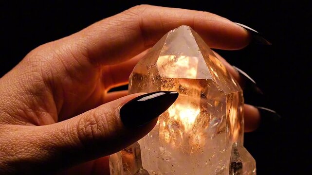 Close up of a hand with black nails holding a glowing citrine crystal against a dark background