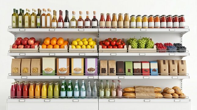 Abundant grocery store shelves filled with a wide variety of food and beverage products, showcasing a diverse selection of fresh produce, packaged goods, and baked items