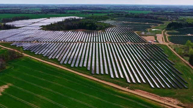 Aerial view of rows of solar panels installed in a rural landscape with green fields and trees in Latvia.