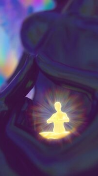 A looping 3D animation of a meditating man's prayer glowing in the hands of an angel.