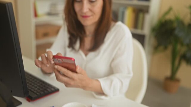 Woman tapping smartphone with fingers at desk in a studio with computer, mug and paperwork visible; concentration productivity.