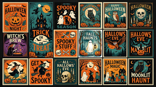 Collection of halloween poster designs with vintage spooky illustration style