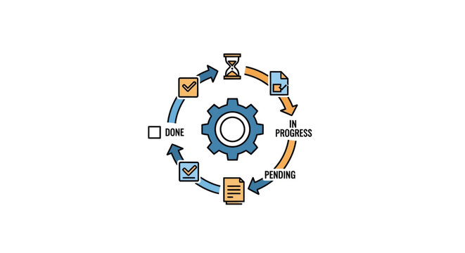 Blue gear with workflow process icons.