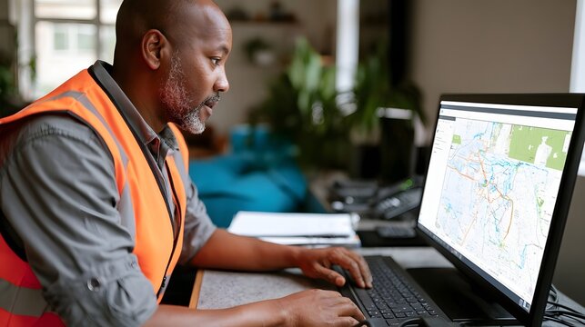 A man in a safety vest reviews a digital map on a computer screen while seated at a desk indoors