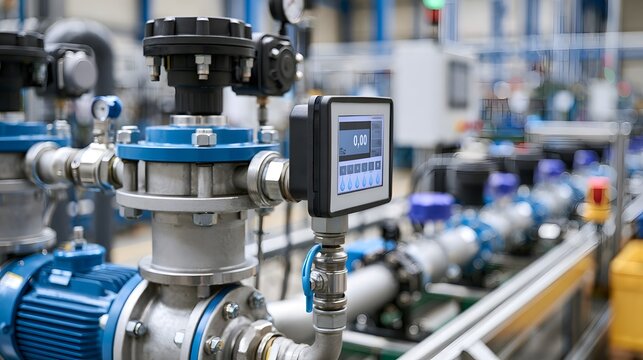 Industrial water flow meter attached to a valve on a production line with pipes and hinery in background