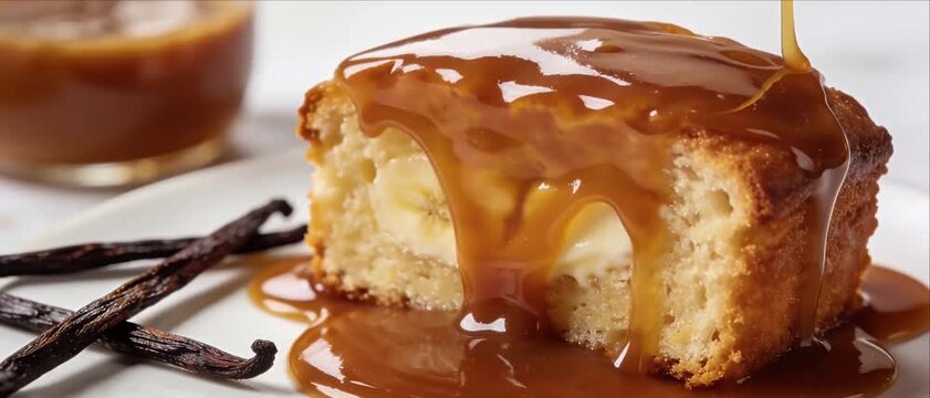 Banana cake dessert with caramel sauce, vanilla glaze, sweet syrup, baked slice on plate, creamy filling, close up food photography and rustic table setting