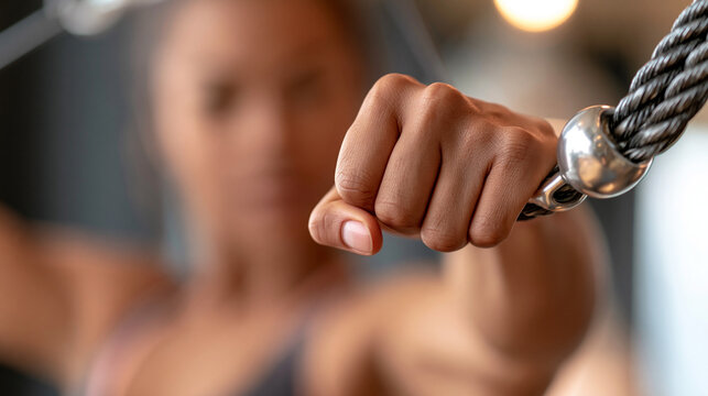 Person gripping heavy rope handle during functional cable strength training