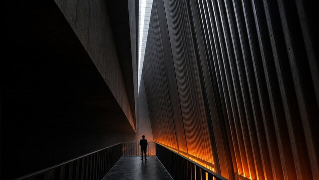 A solitary figure stands between towering walls, illuminated by a warm glow, creating a dramatic contrast of light and shadow in a modern architectural space.