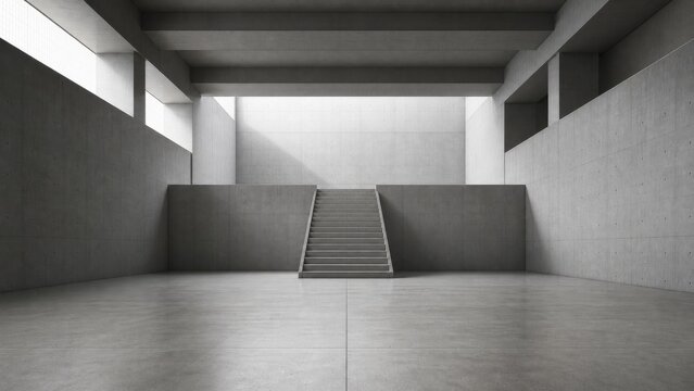 A minimalist interior space featuring concrete walls and a staircase, emphasizing modern architectural design and simplicity.
