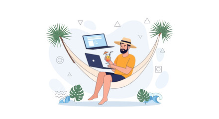 Fototapeta premium Man Working Remotely on Laptop in Hammock on Tropical Beach