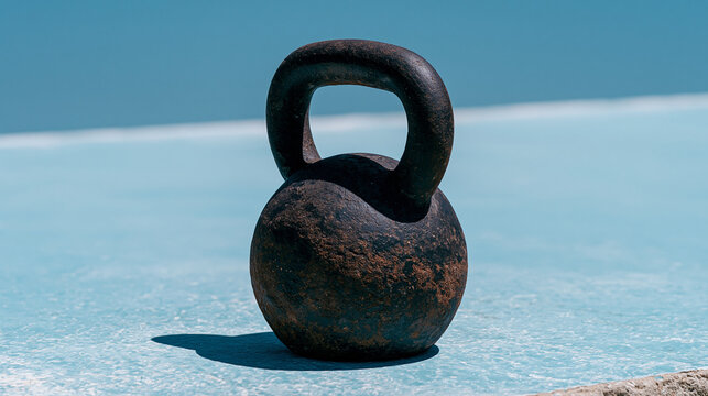 Old rustic kettlebell on a bright blue background for functional fitness training