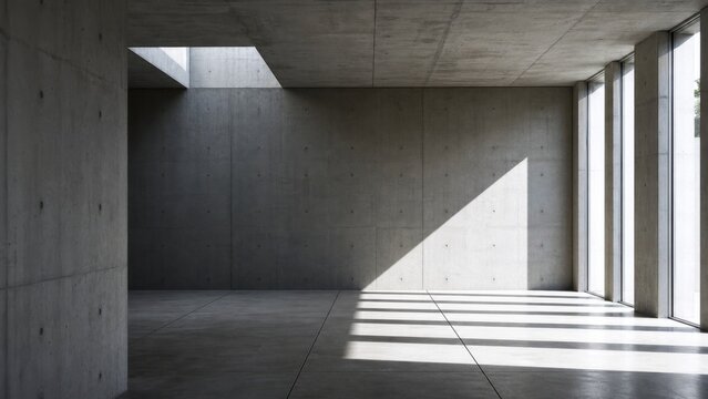 A minimalist concrete space with natural light streaming through large windows, creating striking shadows on the floor.