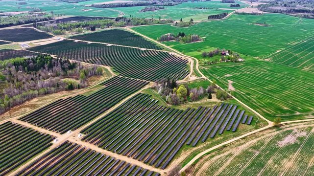 Aerial view of a large solar farm with rows of photovoltaic panels installed in a green rural landscape, Latvia.