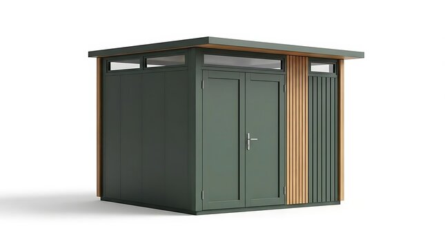 A modern portable garden shed with green exterior panels and wooden slat details featuring double doors and clerestory windows for backyard storage solutions