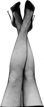 Large halftone illustration of crossed, female legs wearing fishnet stockings and high heel shoes with a transparent background