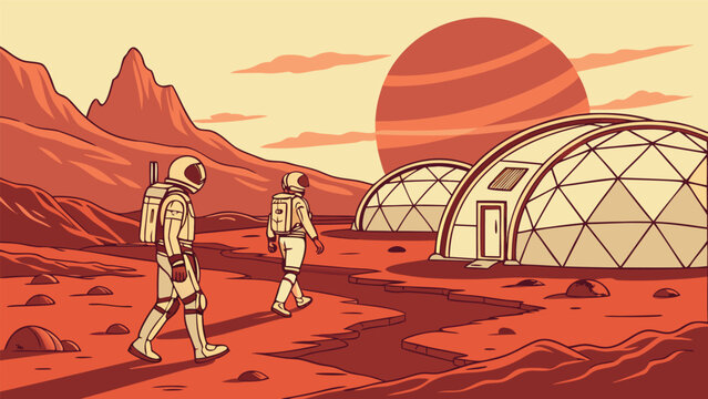 Astronauts exploring mars base and habitats with astronauts, exploration