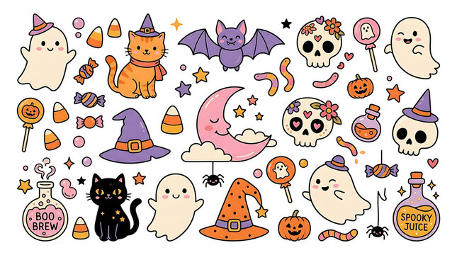 Hand drawn cute halloween sticker collection with skulls cats and ghosts