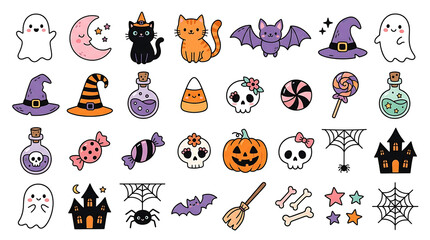 Fototapeta premium Cute halloween themed icons and character illustrations set with halloween