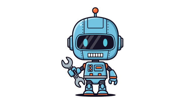 Flat vector illustration of a small light blue chibi robot character holding a silver metal wrench. Mechanical repair droid featuring a round head, dark visor, and orange accents on white background.
