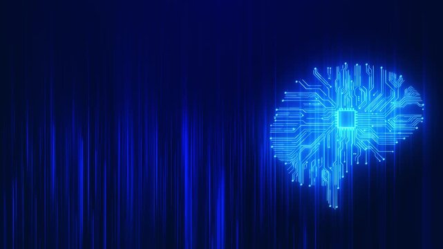 Artificial intelligence chip brain visual cyan circuitry, falling blue light streaks, deep 19 atmosphere. Perfect for AI explainers, robotics videos, data science clips, and motion graphics.