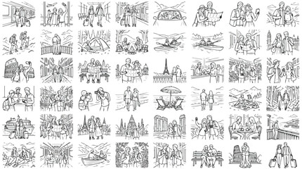 Obraz premium Hand drawn travel sketches set of 49 icons, black and white doodle illustrations of tourists and vacation scenes, minimalist line art vector collection