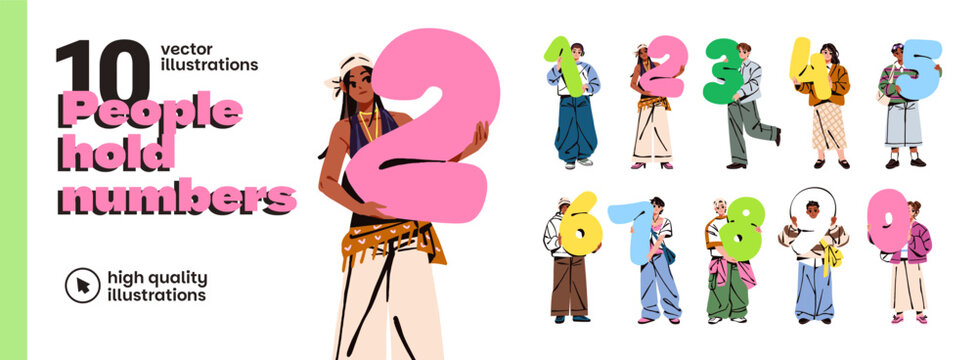 People hold numbers set. Happy men and women count with different numeral figures in hands. Characters with letters from 0, 1, 2, 3 to 9. Flat isolated vector illustrations on white background