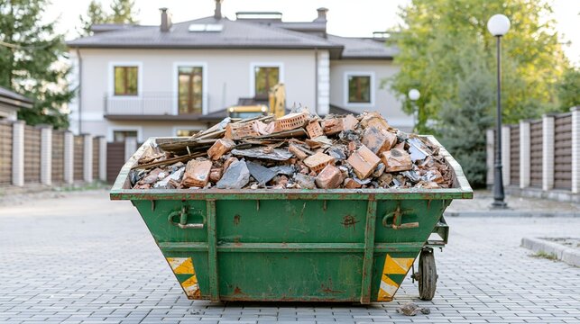 Renovation debris and construction waste filling a green dumpster on a suburban street, indicating home improvement and demolition work