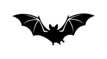 Fototapeta premium Flying bat silhouette with outstretched wings and a visible body is depicted in black against a clean white background, suitable for Halloween imagery or nature-themed designs.