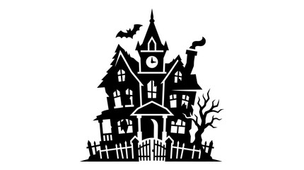 Fototapeta premium Haunted house illustration, depicted in black silhouette with a bat flying overhead, features a spooky architectural design.