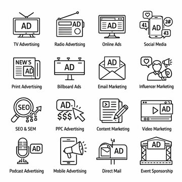 Diverse Advertising Methods and Marketing Strategies Icons Set