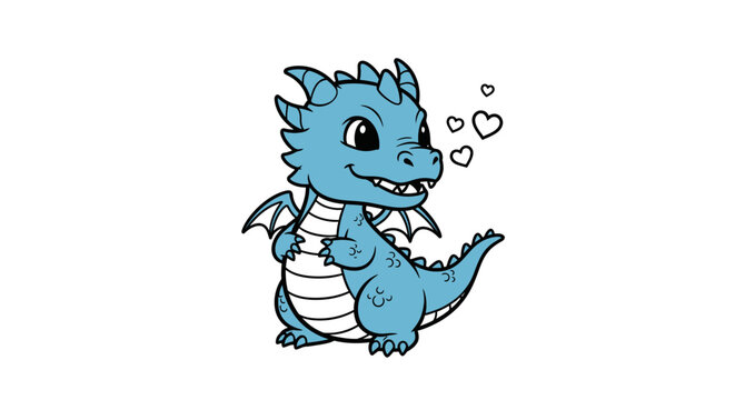 Cute light blue baby dragon illustration in a chibi cartoon style. Creature features small wings, horns, and striped belly. It is exhaling small heart shapes on a plain white background.