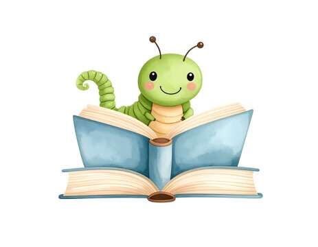 Cute watercolor caterpillar peeking over an open book, happy expression, isolated on white.